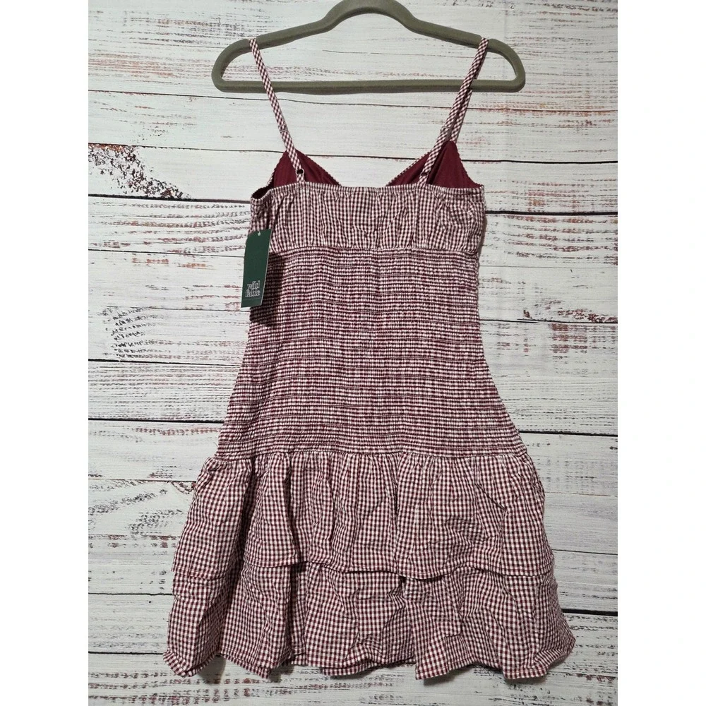 Wild Fable Maroon Gingham Smocked Tie Front Ruffle Mini Dress Small NWT